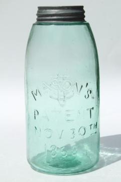 catalog photo of antique blue green glass mason jar, old zinc lid 2 qt fruit jar w/ 1858 patent date 