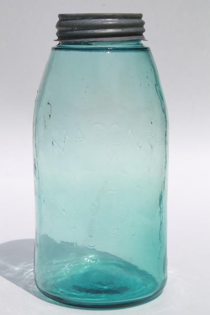 photo of antique blue green glass mason jar, old zinc lid 2 qt fruit jar w/ 1858 patent date #1