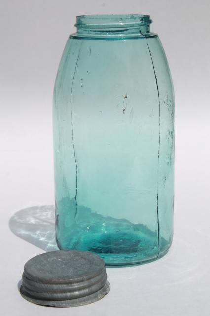 photo of antique blue green glass mason jar, old zinc lid 2 qt fruit jar w/ 1858 patent date #3