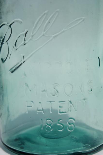 photo of antique blue green glass mason jar, old zinc lid quart fruit jar w/ 1858 patent date #2