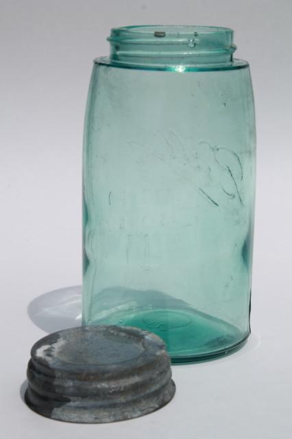 photo of antique blue green glass mason jar, old zinc lid quart fruit jar w/ 1858 patent date #3