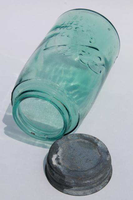 photo of antique blue green glass mason jar, old zinc lid quart fruit jar w/ 1858 patent date #4