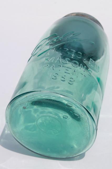 photo of antique blue green glass mason jar, old zinc lid quart fruit jar w/ 1858 patent date #5