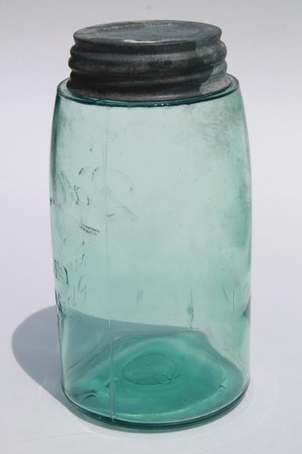 photo of antique blue green glass mason jar, old zinc lid quart fruit jar w/ 1858 patent date #6