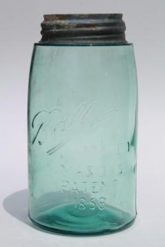 catalog photo of antique blue green glass mason jar, old zinc lid quart fruit jar w/ 1858 patent date