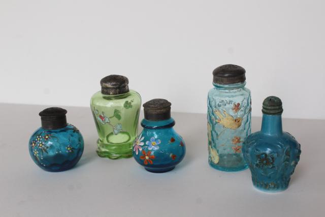 photo of antique blue & green glass shakers, shabby chic birds & flowers hand painted glass #1