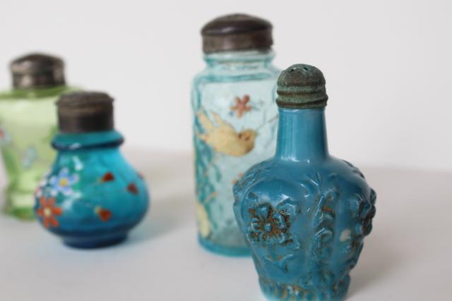 photo of antique blue & green glass shakers, shabby chic birds & flowers hand painted glass #2