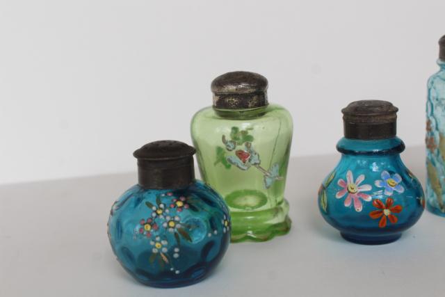 photo of antique blue & green glass shakers, shabby chic birds & flowers hand painted glass #3