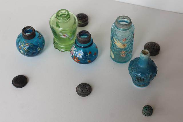 photo of antique blue & green glass shakers, shabby chic birds & flowers hand painted glass #5