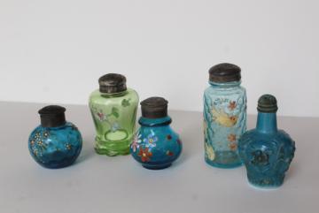 catalog photo of antique blue & green glass shakers, shabby chic birds & flowers hand painted glass