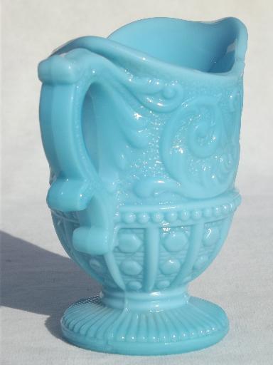 photo of antique blue milk glass pitcher, vintage turquoise blue opaque glass #3