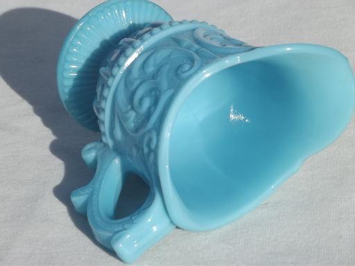 photo of antique blue milk glass pitcher, vintage turquoise blue opaque glass #4