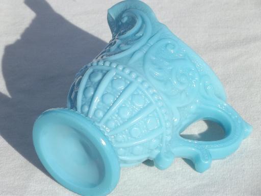 photo of antique blue milk glass pitcher, vintage turquoise blue opaque glass #5