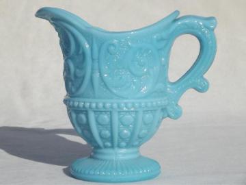 catalog photo of antique blue milk glass pitcher, vintage turquoise blue opaque glass