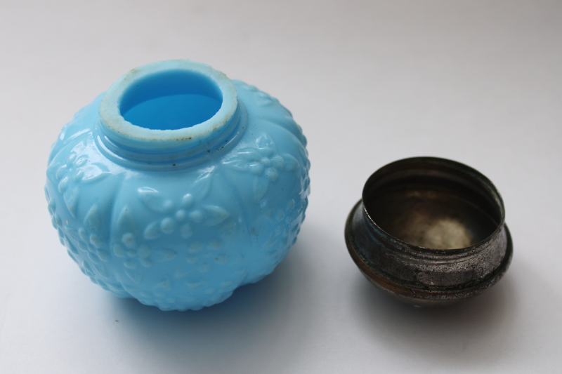 photo of antique blue milk glass shaker, forget me not floral pattern Victorian vintage EAPG  #2