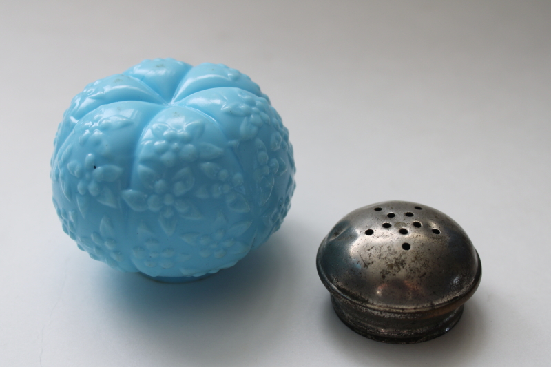 photo of antique blue milk glass shaker, forget me not floral pattern Victorian vintage EAPG  #3