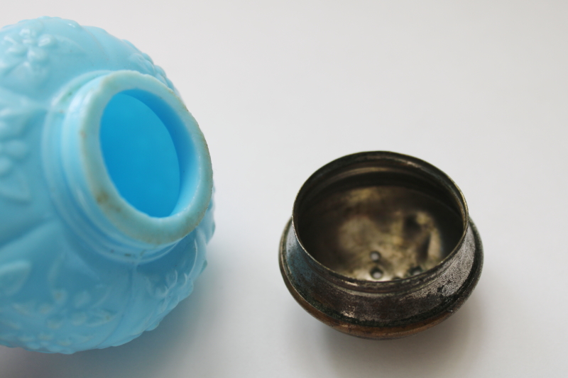 photo of antique blue milk glass shaker, forget me not floral pattern Victorian vintage EAPG  #4