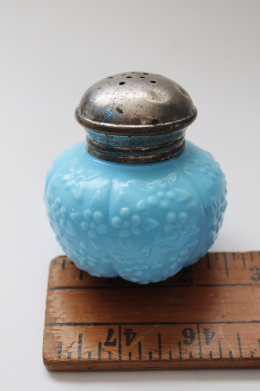 photo of antique blue milk glass shaker, forget me not floral pattern Victorian vintage EAPG  #5
