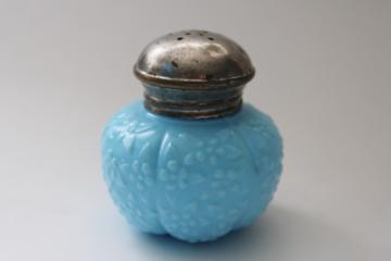 catalog photo of antique blue milk glass shaker, forget me not floral pattern Victorian vintage EAPG 