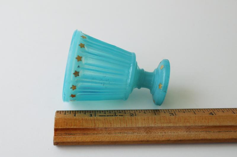 photo of antique blue opaline glass match vase or toothpick holder, hand painted gold stars #3