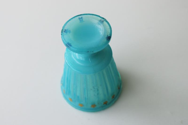 photo of antique blue opaline glass match vase or toothpick holder, hand painted gold stars #4