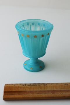 catalog photo of antique blue opaline glass match vase or toothpick holder, hand painted gold stars