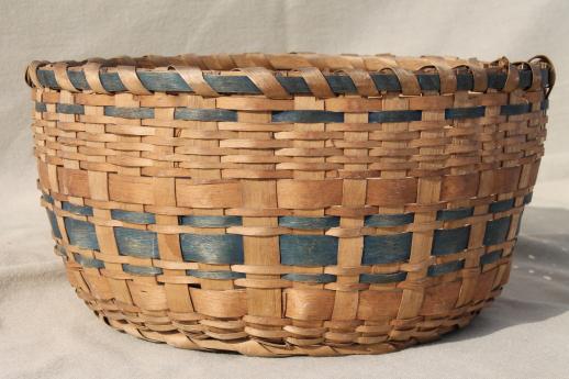 photo of antique blue stripe woven basket bowl, primitive old split splint basket #1