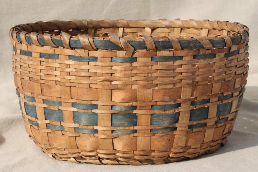 photo of antique blue stripe woven basket bowl, primitive old split splint basket #2