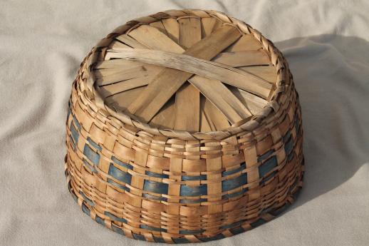 photo of antique blue stripe woven basket bowl, primitive old split splint basket #4