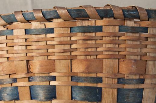 photo of antique blue stripe woven basket bowl, primitive old split splint basket #6