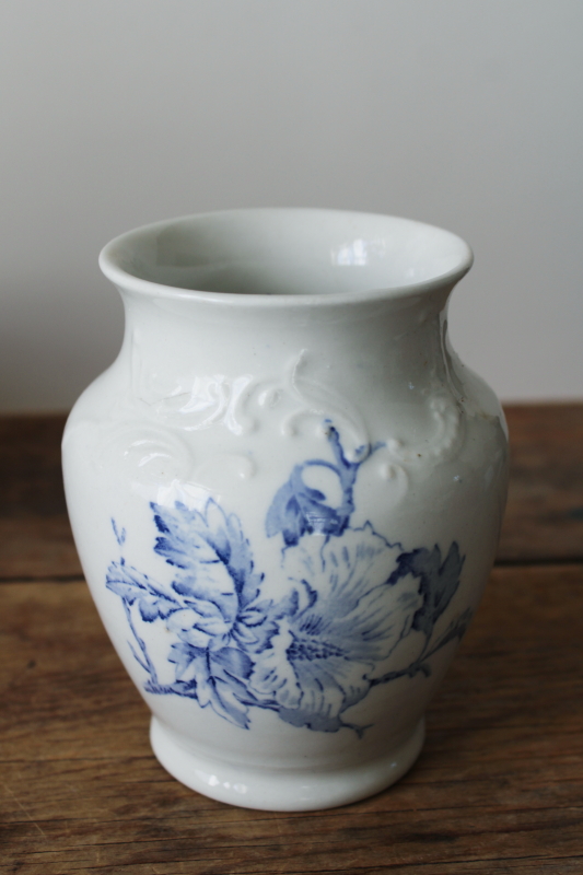 photo of antique blue transferware white ironstone china vase or toothbrush holder, 1800s vintage  #1