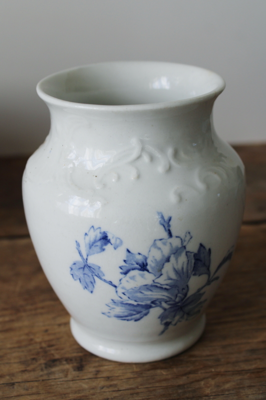 photo of antique blue transferware white ironstone china vase or toothbrush holder, 1800s vintage  #4