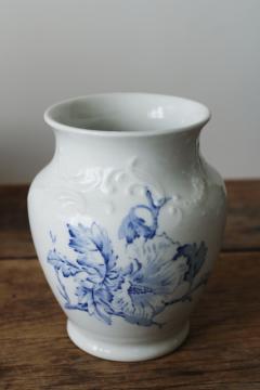 catalog photo of antique blue transferware white ironstone china vase or toothbrush holder, 1800s vintage 