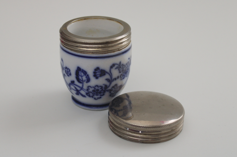 photo of antique blue & white china egg coddler, early 1900s vintage egg cup w/ metal lid #1