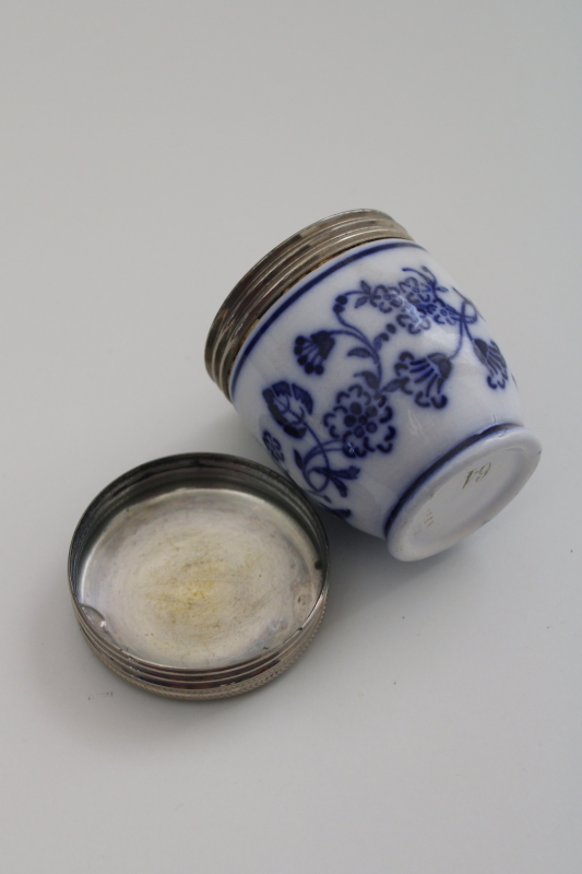 photo of antique blue & white china egg coddler, early 1900s vintage egg cup w/ metal lid #3