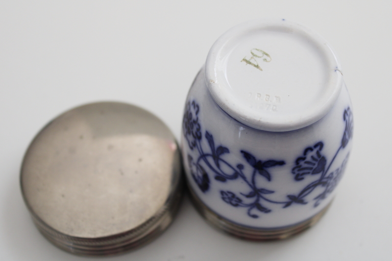 photo of antique blue & white china egg coddler, early 1900s vintage egg cup w/ metal lid #5