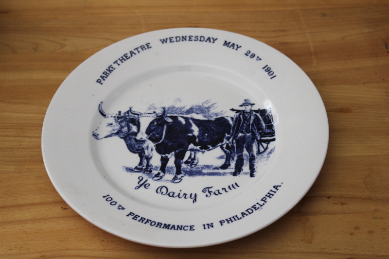photo of antique blue & white china plate, cows print rare vintage souvenir Ye Dairy Farm Park Theater Philadelphia 1901 #1
