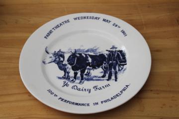 catalog photo of antique blue & white china plate, cows print rare vintage souvenir Ye Dairy Farm Park Theater Philadelphia 1901
