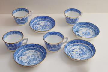catalog photo of antique blue & white china tea cups & deep saucers marked Mintons, willow pattern chinoiserie