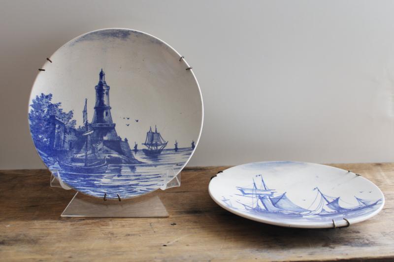 photo of antique blue & white plates, Villeroy & Boch Wallerfangen faience pottery sailing ships #1