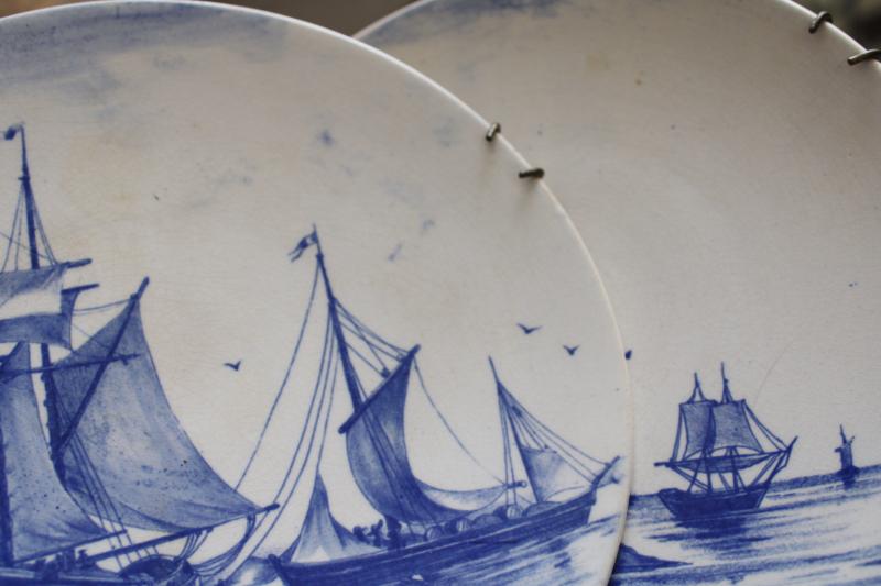 photo of antique blue & white plates, Villeroy & Boch Wallerfangen faience pottery sailing ships #6