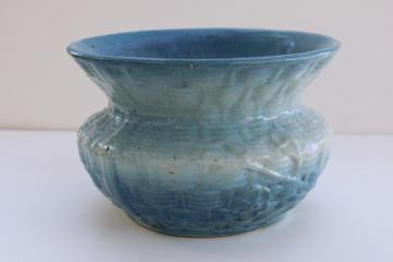 catalog photo of antique blue & white stoneware pottery basket weave floral spittoon 1800s vintage