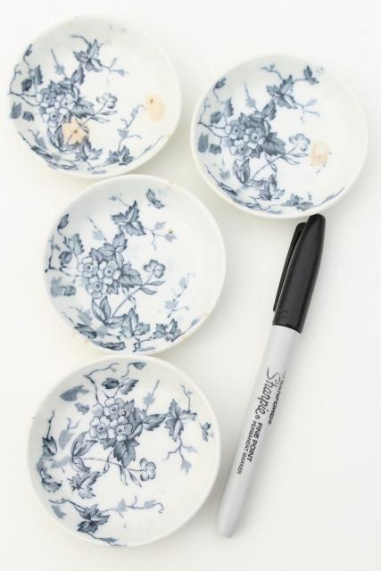 photo of antique blue & white transferware china, 1800s vintage butter pat plates w/ wildflowers #2