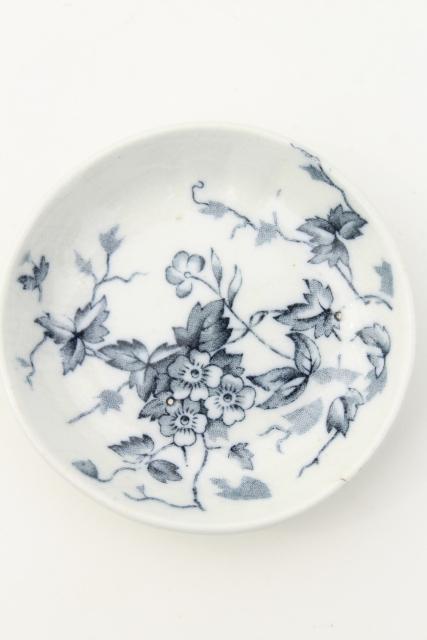 photo of antique blue & white transferware china, 1800s vintage butter pat plates w/ wildflowers #5