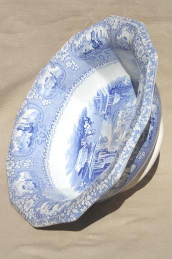 photo of antique blue & white transferware china wash bowl, Medina English Staffordshire basin #2