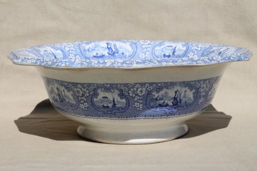 photo of antique blue & white transferware china wash bowl, Medina English Staffordshire basin #3