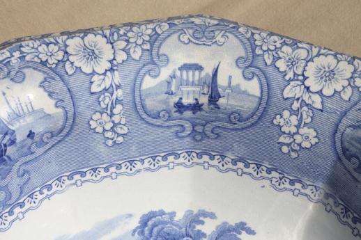 photo of antique blue & white transferware china wash bowl, Medina English Staffordshire basin #6