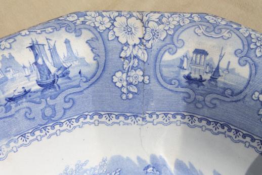 photo of antique blue & white transferware china wash bowl, Medina English Staffordshire basin #10