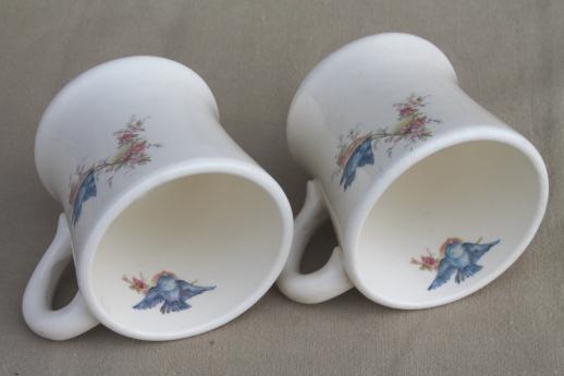 photo of antique bluebird china cups, blue birds heavy white ironstone mugs, vintage Homer Laughlin? #5