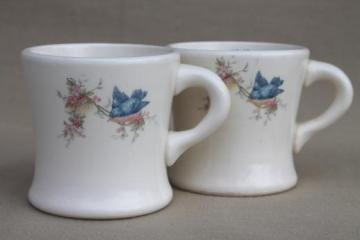 catalog photo of antique bluebird china cups, blue birds heavy white ironstone mugs, vintage Homer Laughlin?